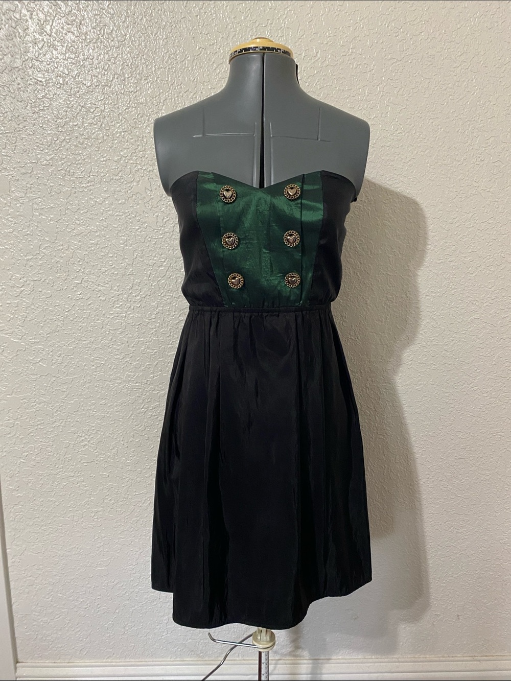 Strapless Black Dress with Emerald Front Panel and Gold Buttons